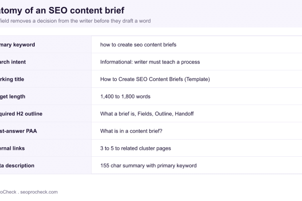Anatomy of an SEO content brief showing eight fields from primary keyword and search intent to internal links and meta description, each with an example value.