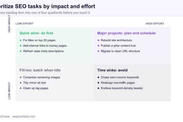 Impact and effort matrix sorting SEO tasks into four quadrants: quick wins to do first, major projects to schedule, fill-ins to batch, and time sinks to avoid.