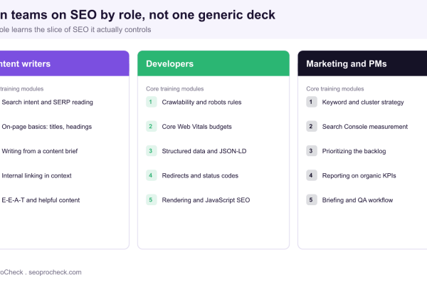 Role-based SEO training curriculum with three tracks: content writers, developers, and marketing or product managers, each listing five core modules.