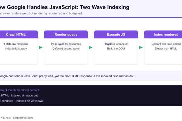 Diagram of Google two wave indexing showing HTML crawled and indexed immediately while a render queue executes JavaScript before indexing the rendered document.