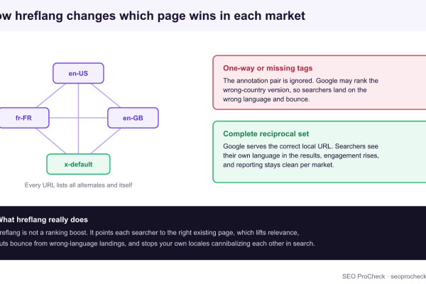 Diagram of a reciprocal hreflang cluster linking en-US, en-GB, fr-FR and x-default, contrasting one-way or missing tags that rank the wrong-country page against a complete set that serves each searcher the correct local URL.