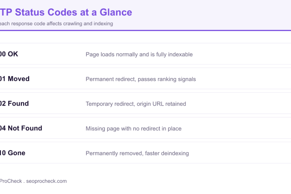 Reference chart of HTTP status codes 200, 301, 302, 404, and 410 and how each affects crawling and indexing.
