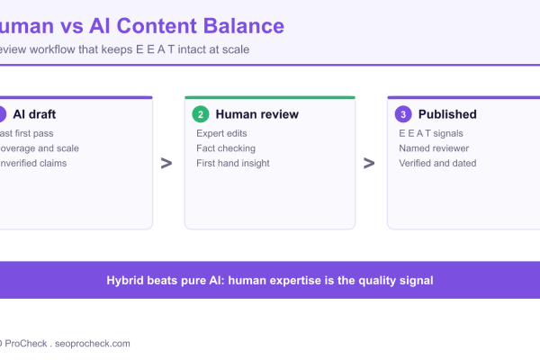 Diagram of a human and AI content workflow moving from AI draft to human review to a published page.
