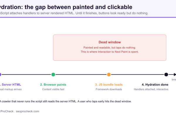 Timeline of hydration showing server HTML, browser paint, JavaScript bundle load, and hydration complete, with a dead window where the page is painted but not yet clickable.