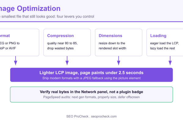 Diagram of the four image optimization levers, format, compression, dimensions, and loading strategy, feeding a lighter LCP image that paints in under 2.5 seconds.