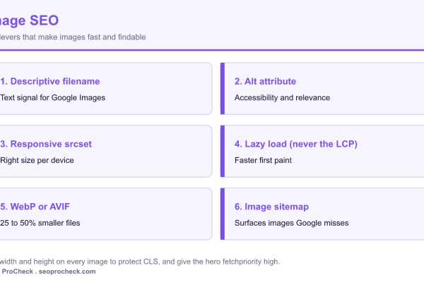 Six image SEO levers shown as cards: descriptive filename, alt attribute, responsive srcset, lazy loading except the LCP, WebP or AVIF, and an image sitemap.