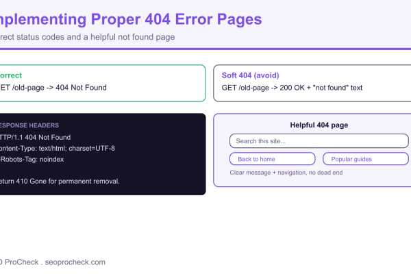 Diagram contrasting a correct 404 Not Found response with a soft 404, alongside response headers and a helpful not found page layout.