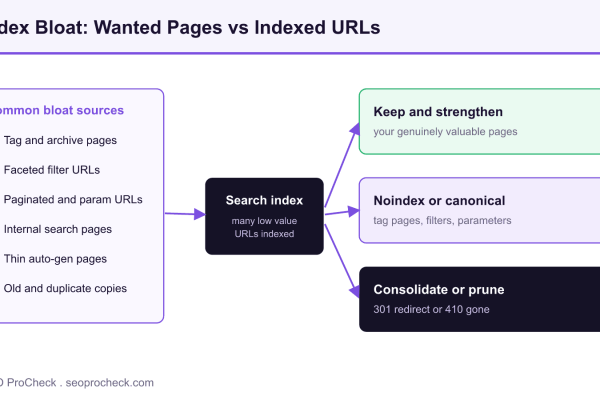 Diagram comparing the valuable pages a site wants indexed against the many low value URLs that create index bloat, with triage options to keep, noindex, or prune them.