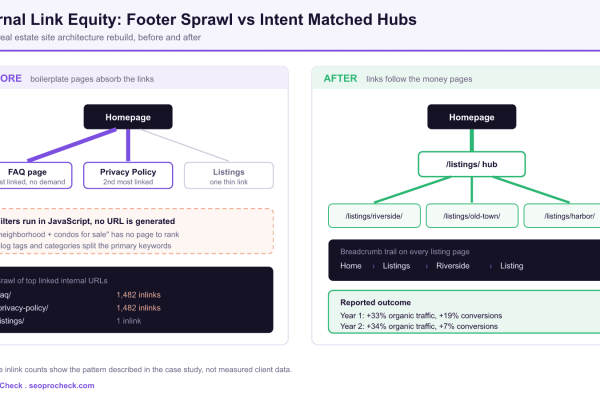 Two panel diagram contrasting a real estate site where footer links push most internal link equity into the FAQ and privacy policy pages with a rebuilt structure where the homepage feeds a listings hub and neighborhood landing pages carrying breadcrumb trails.