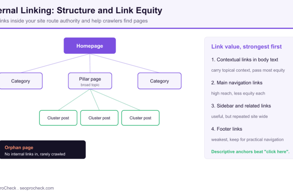 Diagram of internal linking showing a homepage linking to category and pillar pages, a pillar page linking to cluster posts, an orphan page with no links in, and a ranking of link types by value.
