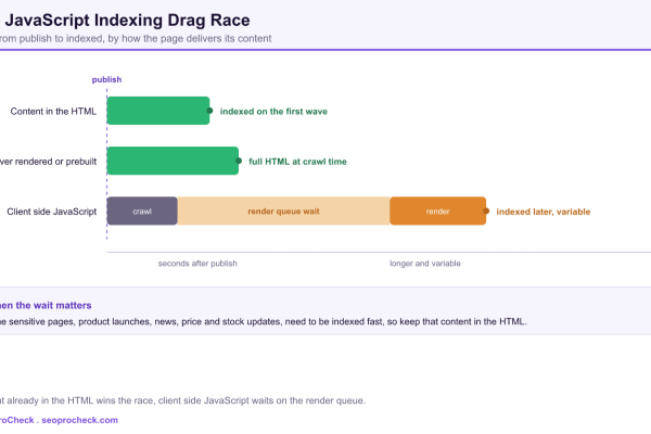 Drag race style timeline comparing time from publish to indexed, where content in the HTML and server rendered pages finish fast while client side JavaScript waits through a render queue and finishes later.
