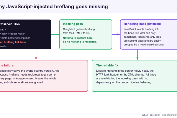 Pipeline diagram: raw server HTML has no hreflang, the indexing pass captures none, and the deferred rendering pass where JavaScript injects hreflang is second-class and often dropped, so the wrong country version can rank.