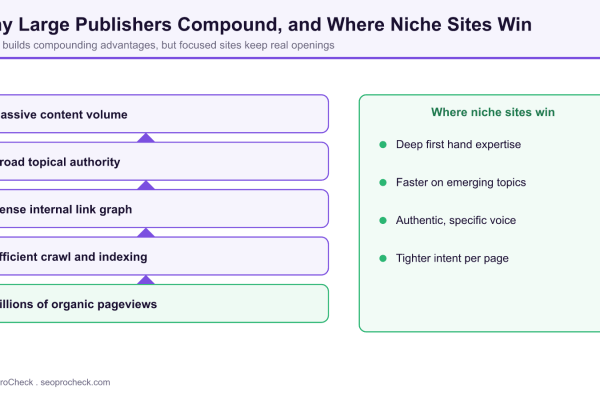 Diagram showing how large publishers compound scale advantages while niche sites win on expertise, speed, and voice.