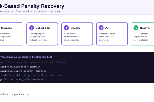 Five stage link based penalty recovery flow from diagnosing the penalty to collecting links, classifying them, acting with disavow and outreach, then recovering, with disavow file syntax