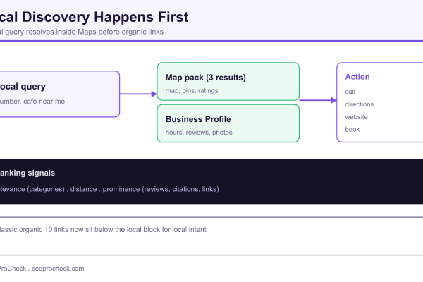 Diagram of a local query resolving into the map pack and Google Business Profile before the classic organic listings.