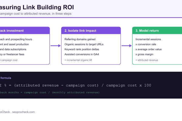 Three step diagram showing how link building ROI moves from tracked campaign cost through isolated organic lift to attributed revenue and a payback formula