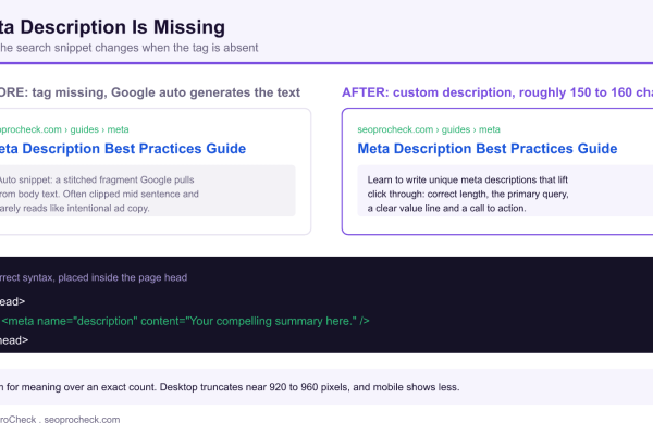 Search snippet comparison showing a missing meta description auto generated by Google versus a custom description of roughly 150 to 160 characters, with correct meta tag syntax.