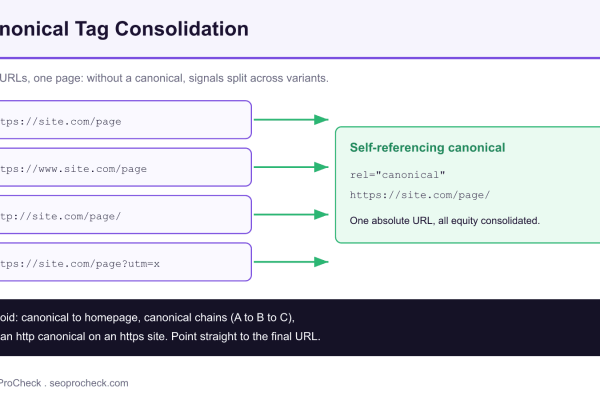 Diagram showing four URL variants consolidating into one self-referencing canonical URL to prevent split link equity.
