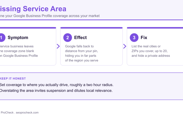 Diagram showing how a missing Google Business Profile service area hides a local business and how defining coverage fixes it.