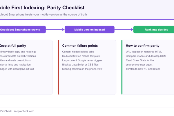 Diagram of mobile first indexing showing Googlebot Smartphone crawling the mobile version with a parity checklist of content, structured data, and links to keep identical.