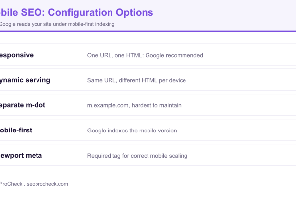 Comparison of mobile SEO configuration options including responsive design, dynamic serving, and separate mobile URLs under mobile-first indexing.