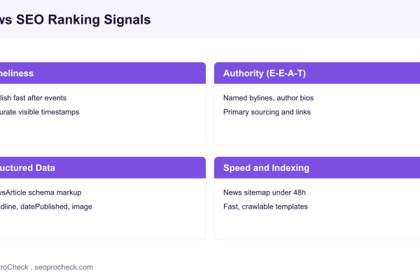 Grid of four news SEO ranking signals: timeliness, authority and E-E-A-T, structured data, and speed and indexing.