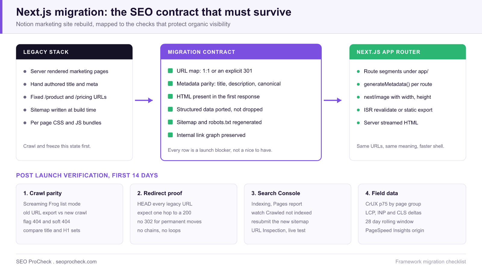 Diagram of a next. Js migration seo contract, showing the legacy marketing stack on the left, the url map, metadata parity, first response html, structured data and sitemap items that must carry over, and the post launch crawl, redirect, search console and field data checks.