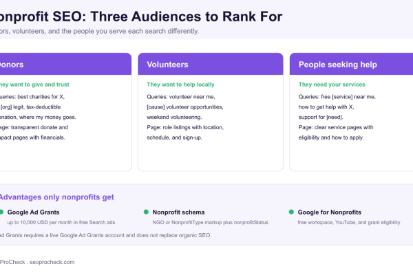 Nonprofit SEO audience map showing three search audiences to rank for, donors, volunteers, and people seeking help, each with their queries and target pages, plus nonprofit-only advantages like Google Ad Grants, Nonprofit schema, and Google for Nonprofits.