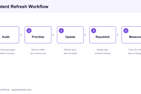 Five step content refresh workflow showing audit, prioritize, update, republish, and measure stages for improving existing pages.