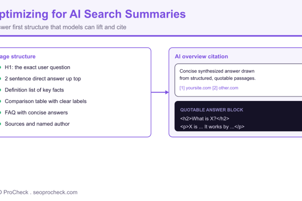 Diagram showing an answer first page structure feeding an AI overview citation card with a quotable answer block.