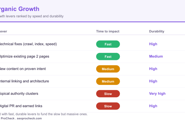 Table of organic growth levers ranked by time to impact and durability, from fast technical fixes to slow but very durable topical authority clusters and digital PR.