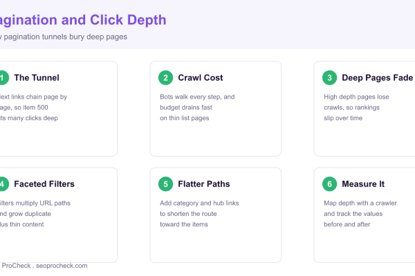 Diagram showing how pagination tunnels increase click depth and reduce crawling of deep list pages.