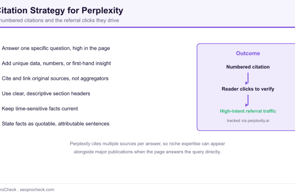 Checklist of tactics that earn Perplexity citations and the path from a numbered citation to high intent referral traffic.