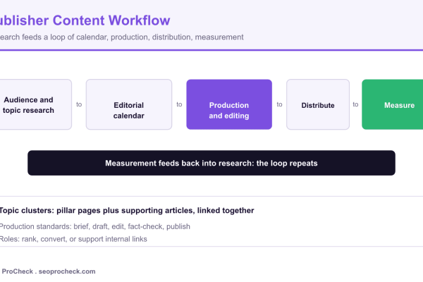 Editorial workflow for publishers moving from audience research through calendar, production, distribution, and measurement.