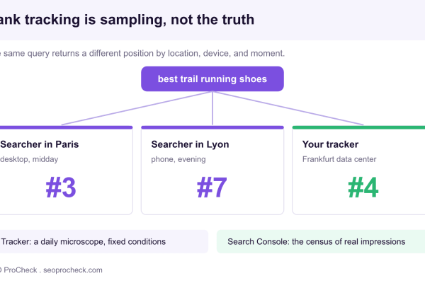 Diagram showing one keyword returning position 3 for a Paris desktop searcher, position 7 for a Lyon phone searcher, and position 4 from a tracker in a Frankfurt data center, illustrating that a reported rank is one sample not the truth.