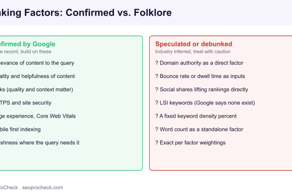 Two column comparison of Google confirmed ranking factors versus speculated or debunked factors such as LSI keywords and keyword density.