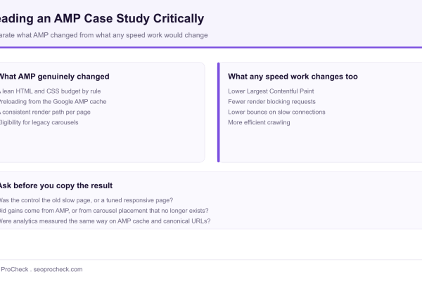 Diagram separating what Google AMP genuinely changed from what any page speed work would change, with questions to ask before copying a case study result.