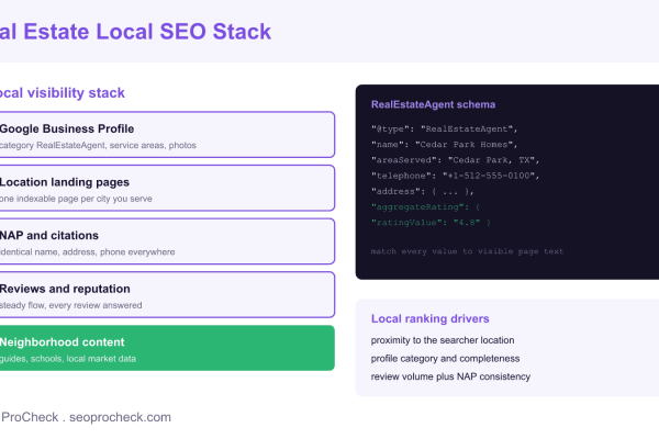 Real estate local SEO stack showing Google Business Profile, location landing pages, NAP citations, reviews, and neighborhood content, beside a RealEstateAgent schema example and local ranking drivers.