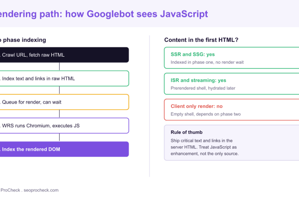 Diagram of Googlebot two phase indexing, from crawling raw HTML and indexing its text and links, through the render queue and Web Rendering Service running Chromium, to indexing the final rendered DOM, beside a panel showing which rendering strategies ship content in the first HTML.