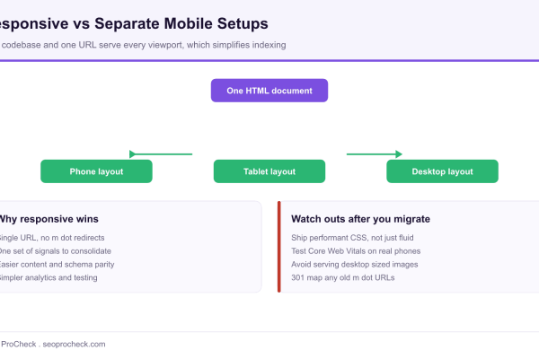Diagram showing one HTML document serving phone, tablet, and desktop layouts, with reasons responsive design wins and watch outs after migrating.