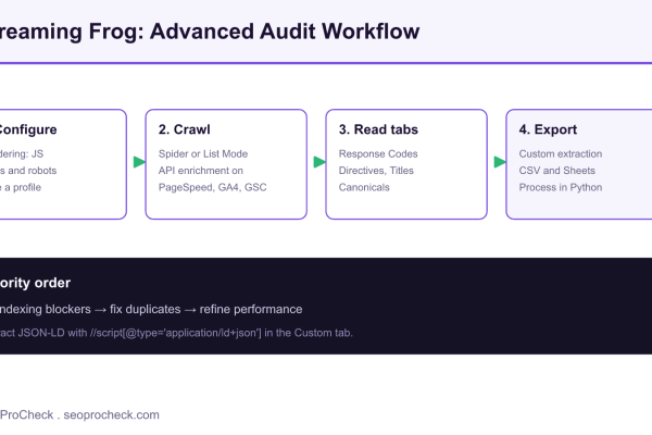 Diagram of the Screaming Frog audit workflow from configuration through crawling to reading key tabs and exporting enriched data.