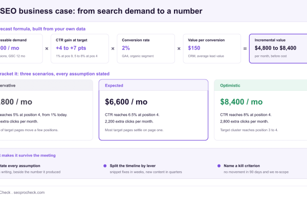 Diagram of an SEO business case forecast: addressable demand of 40,000 monthly impressions multiplied by CTR gain, conversion rate and value per conversion yields 4,800 to 8,400 dollars per month, bracketed into conservative, expected and optimistic scenarios with the assumption behind each one stated.
