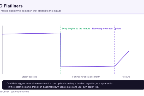 Timeline chart showing a steady click baseline, a sudden one month flatline demotion beginning at a precise timestamp, and a rebound near the following update.