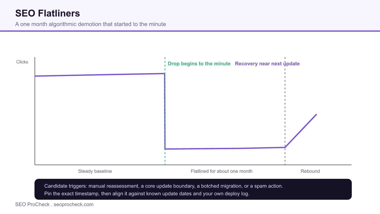 Seo flatliners – the curious case of a massive 1-month algorithmic demotion from google (to the minute) and what could have triggered the drop 4 Timeline chart showing a steady click baseline, a sudden one month flatline demotion beginning at a precise timestamp, and a rebound near the following update.