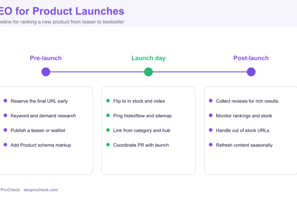 Product launch SEO timeline with pre-launch, launch day, and post-launch tasks such as reserving the URL, adding Product schema, pinging IndexNow, and collecting reviews.