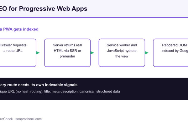 Pipeline diagram showing how a progressive web app is indexed: a crawler requests a route URL, the server returns real HTML through server-side rendering or prerendering, the service worker and JavaScript hydrate the view, and the rendered DOM is indexed by Google.