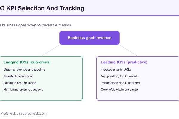 Diagram splitting SEO KPIs into lagging outcome metrics and leading predictive metrics beneath a revenue business goal.