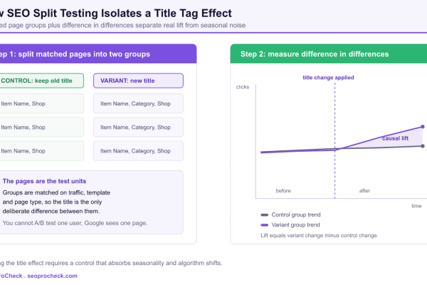 Diagram of an SEO title tag split test with matched pages divided into control and variant groups and a difference in differences chart showing the causal lift after the new title is applied.