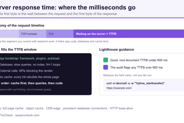 Diagram breaking down time to first byte into app bootstrap, database, external calls and caching, with the Lighthouse 600 ms server response threshold.