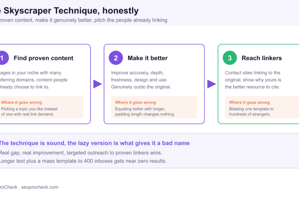 Three step diagram of the skyscraper technique: find proven content, make it notably better, then reach the sites already linking, with the common failure noted under each step.